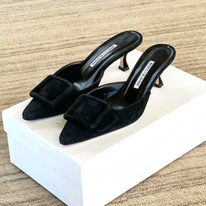 Manolo Blahnik Maysale Black Suede Kitten Heel Mules, Size 37.5.